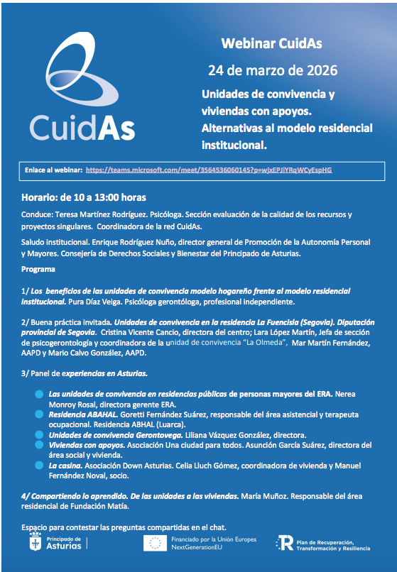 Webinar 24 marzo de la Red CuidAs: Unidades de convivencia y viviendas con apoyos. Alternativas al modelo residencial institucional